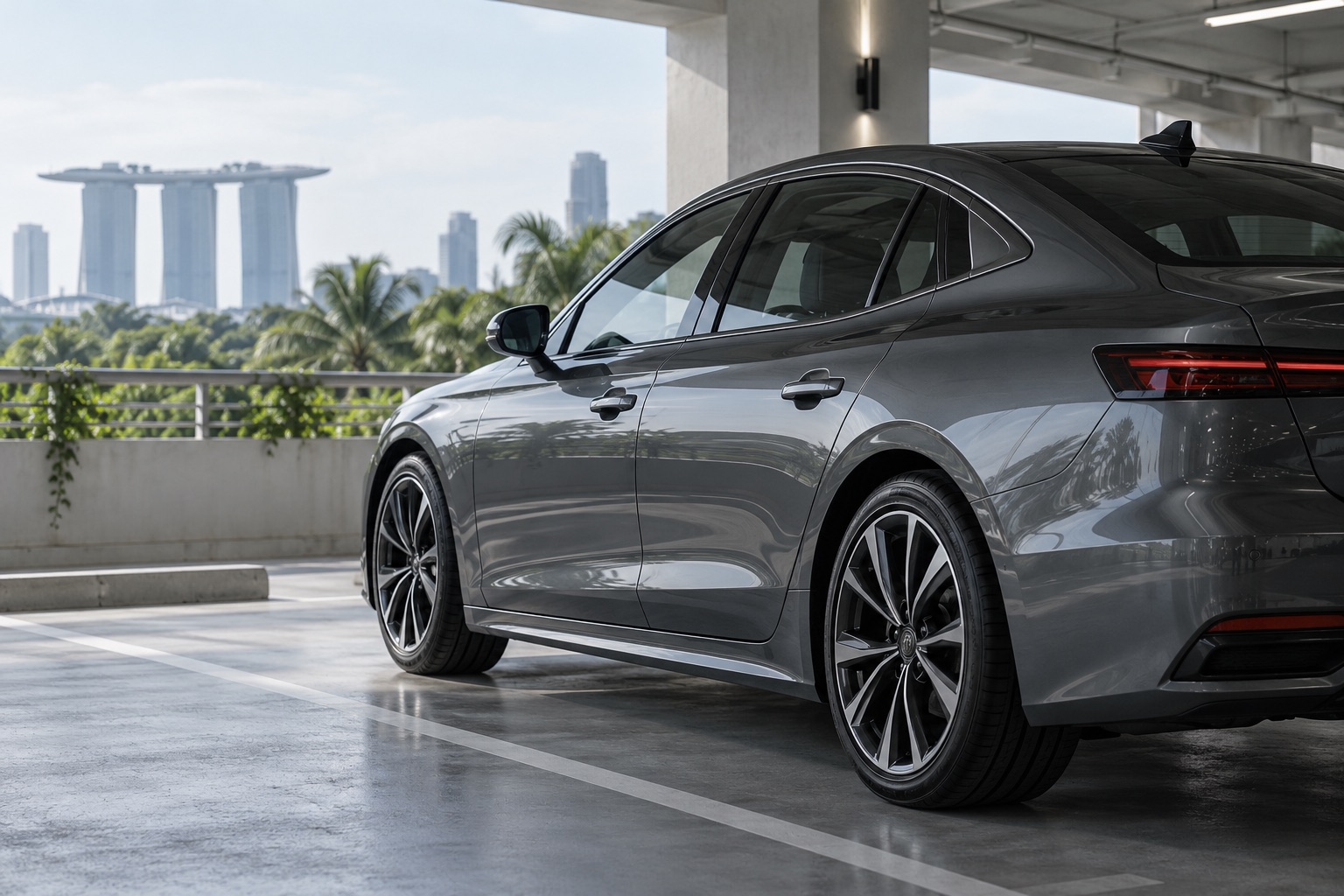 Illustrative graphite car parked in Singapore